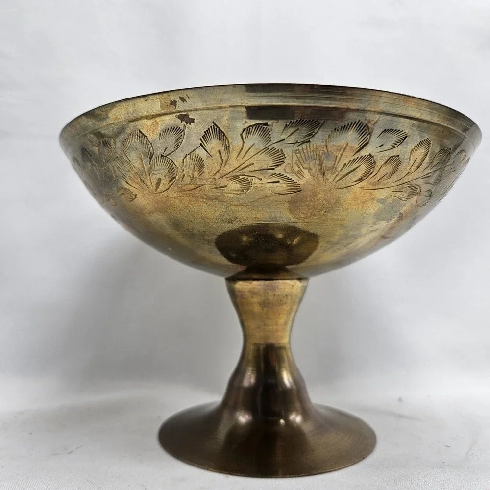VINTAGE‎  ZY India World Gift Brass Footed Pedestal Bowl BRASS ETCHED